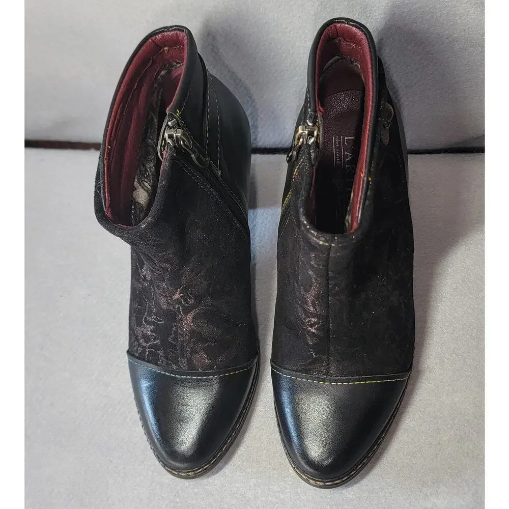 L'Artiste by Spring Step Black Metallic Floral Leather Ankle Boots Sz 37 EU 6.5